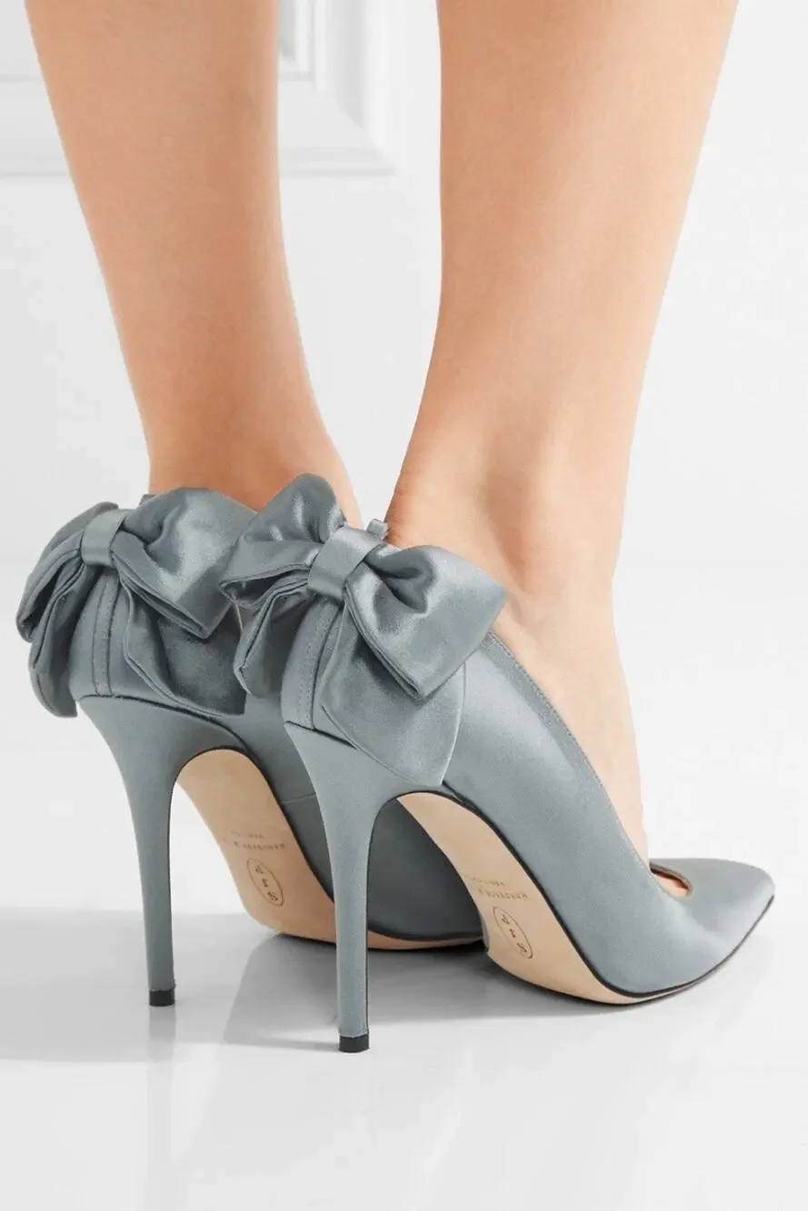 New SJP Lucille grey satin bow classic pumps 37.5 7.5